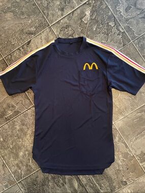 MCDONALD’S Staff Shirt Navy Blue Short Sleeve w Double Arches Logo & Arm Stripes